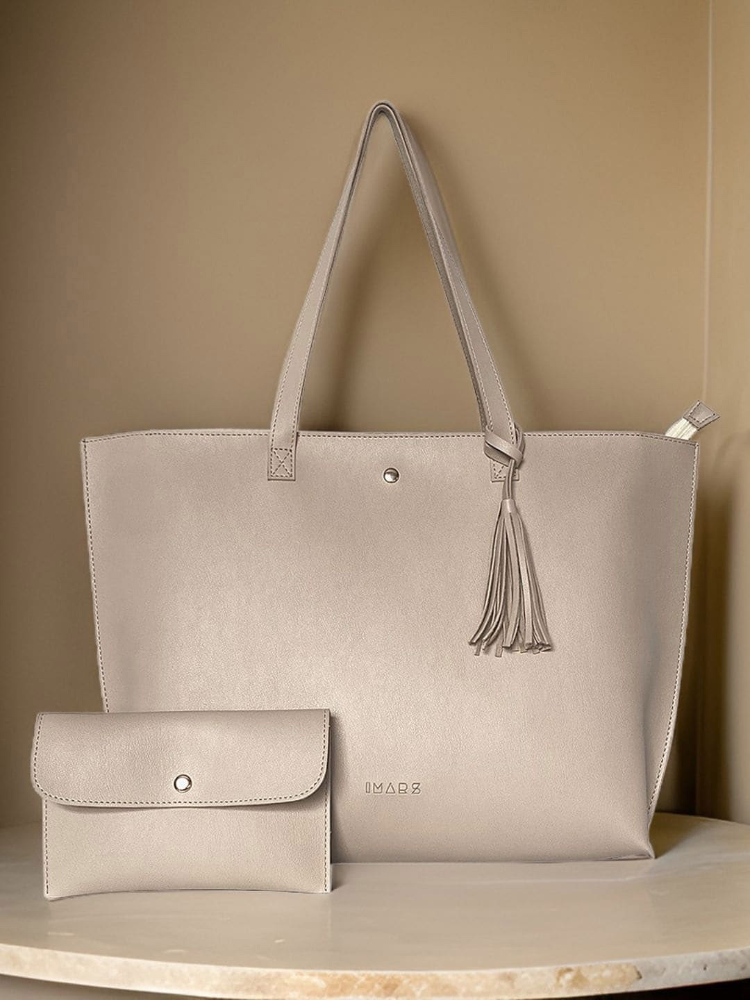IMARS Oversized Shopper Tote Bag with Pouch, Beige
