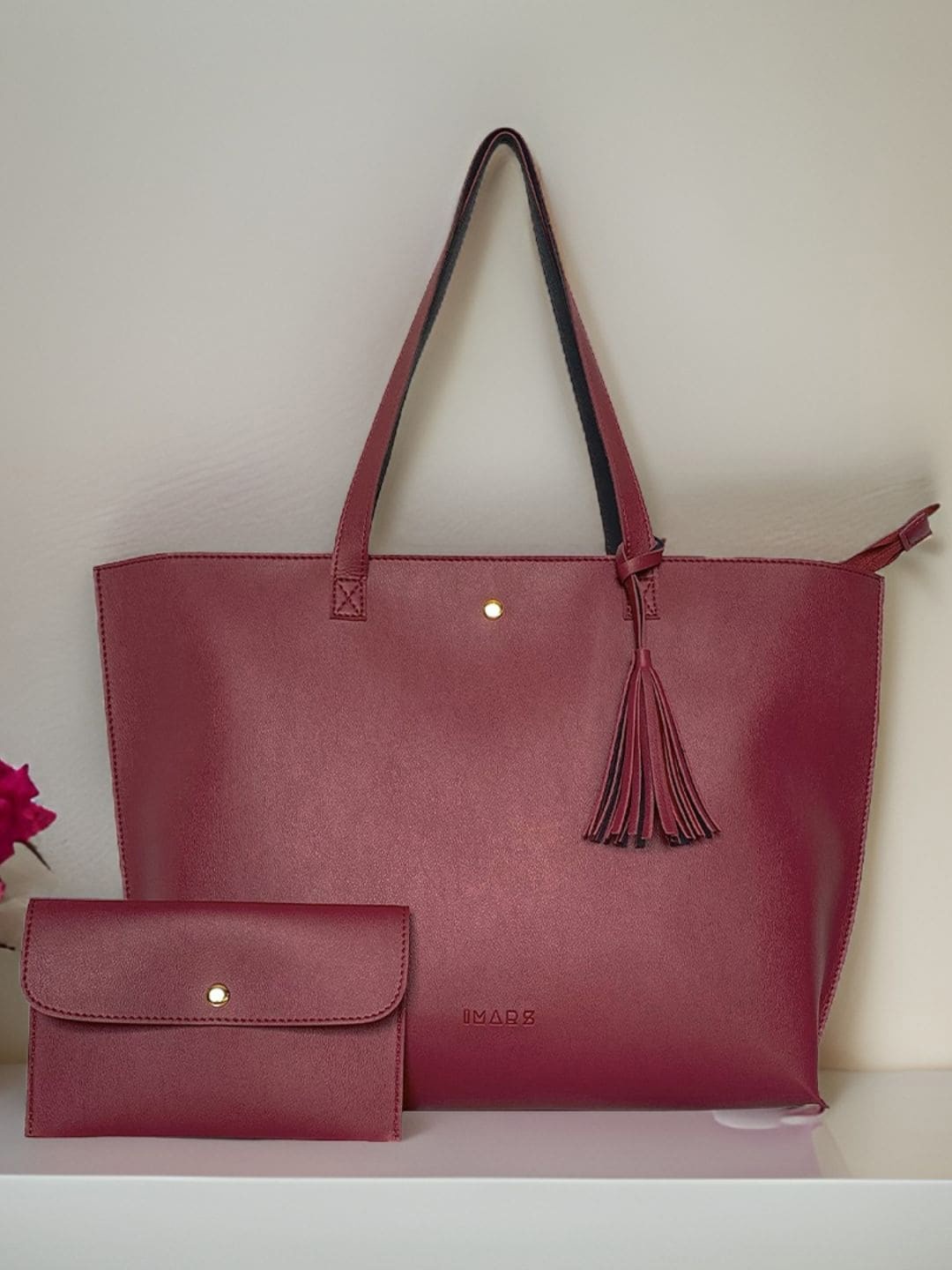 

IMARS Textured Oversized Shopper Tasselled Detailed Tote Bag, Maroon