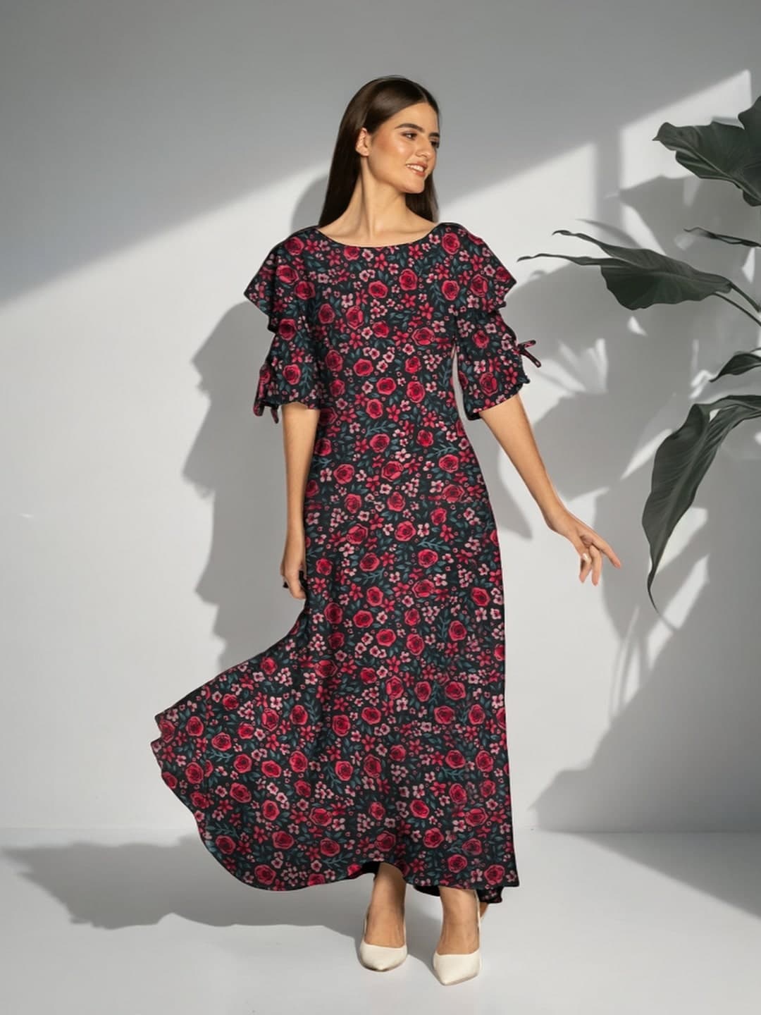 

Zink London Floral Print Flutter Sleeve Maxi Dress, Black