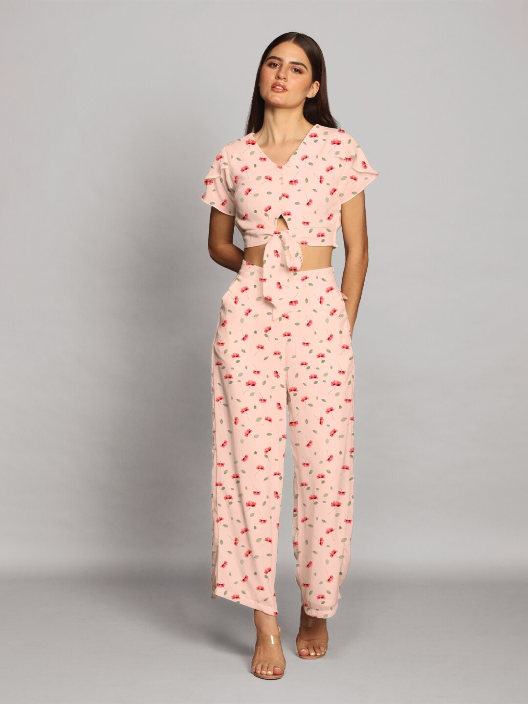 

Zink London Floral Printed Straight Palazzos, Pink