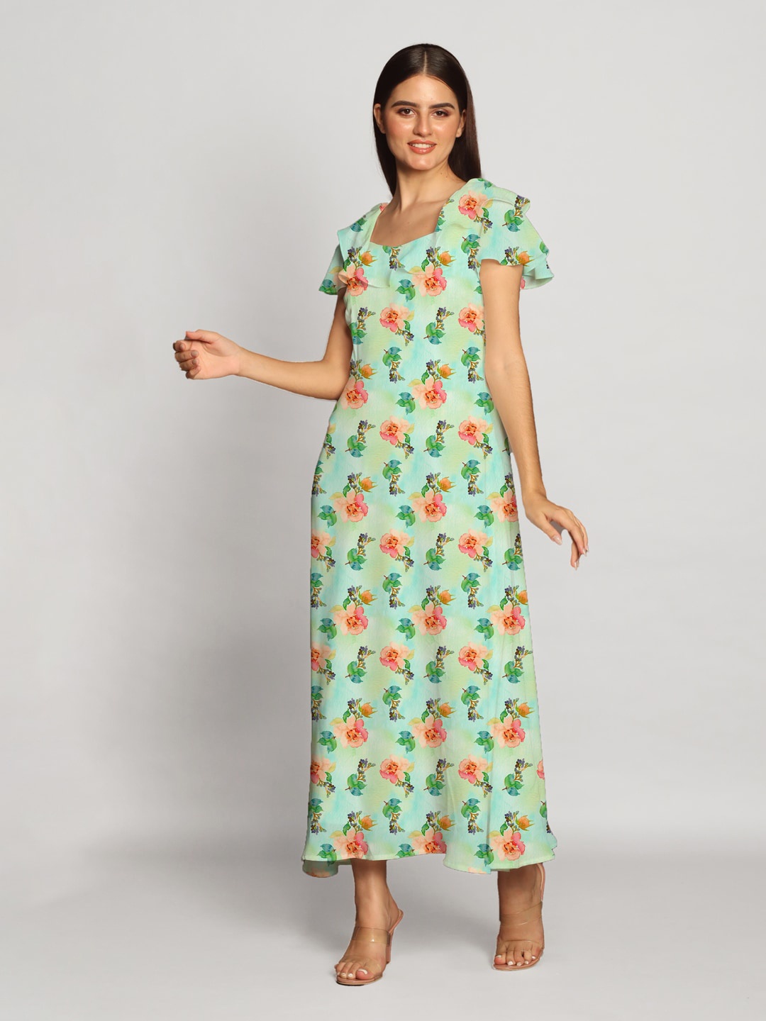 

Zink London Floral Print Flutter Sleeve Maxi Dress, Blue