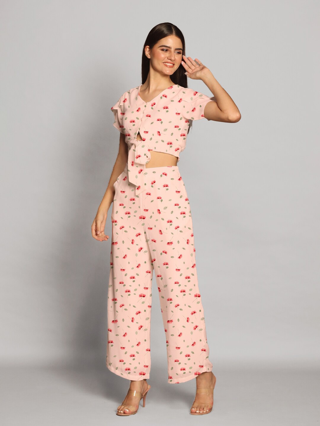 

Zink London Floral Printed V Neck Tie-Up Crop Top, Pink