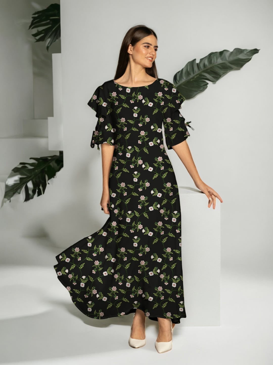 

Zink London Floral Print Flutter Sleeve Maxi Dress, Black