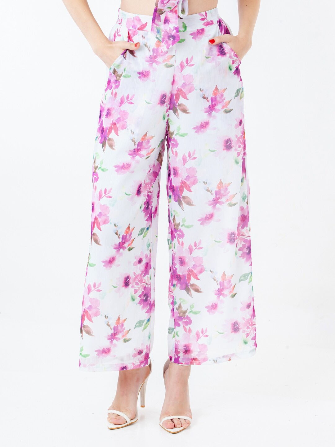 

Zink London Floral Printed Straight Palazzos, White