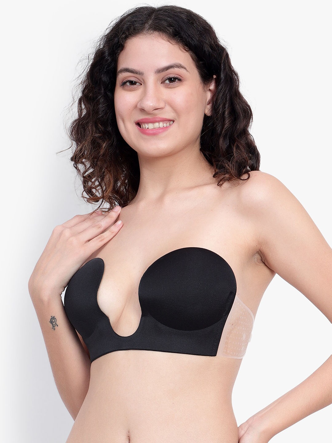

BRACHY Medium Coverage Push Up U-Shaped Plunge Stick On Backless Bra With All Day Comfort, Black