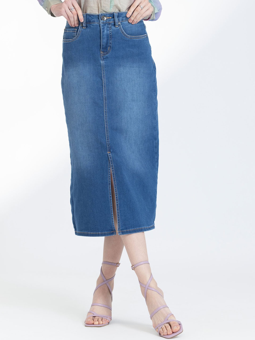 

B.Copenhagen Straight Midi Denim Skirt, Blue