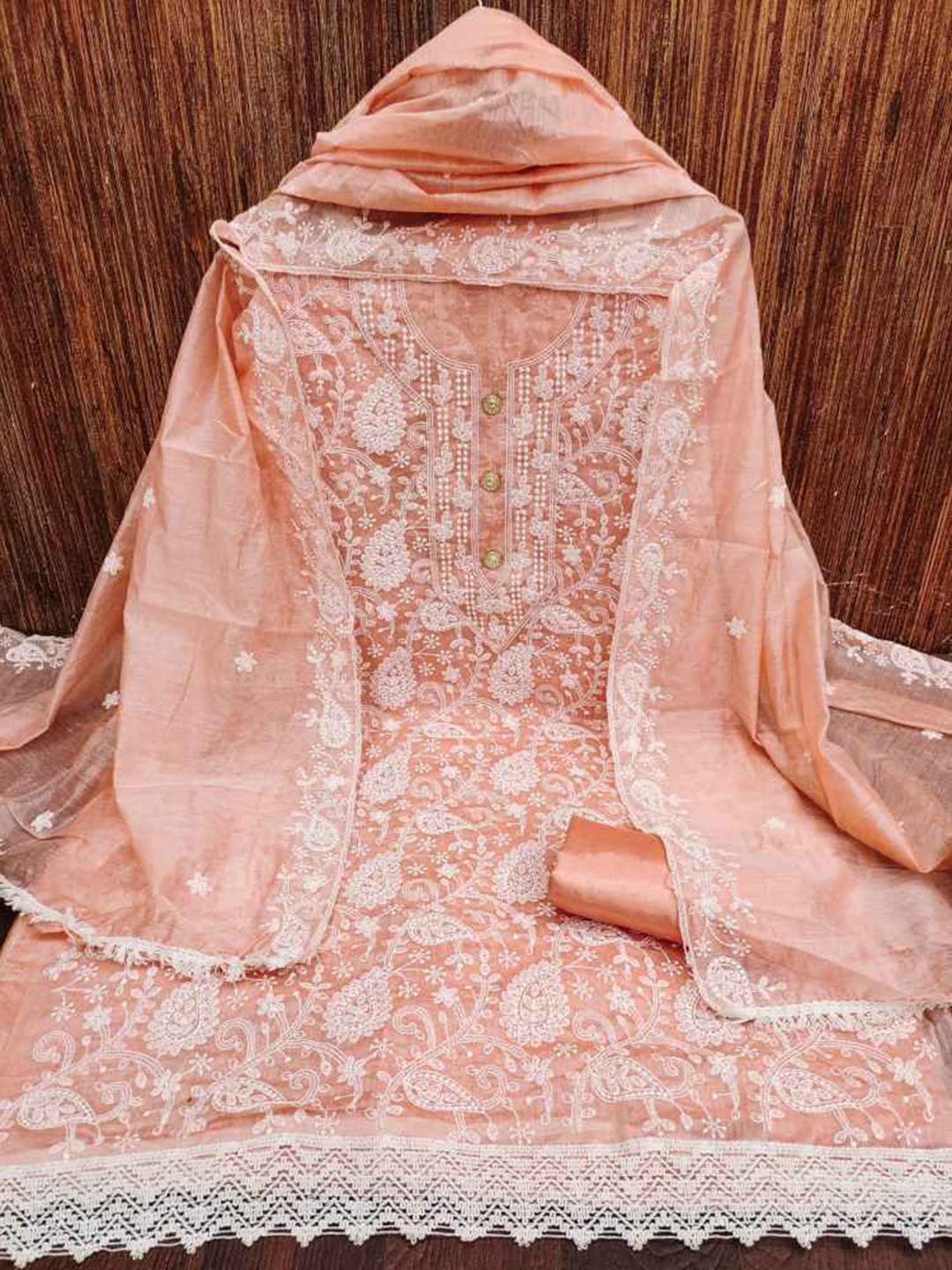 

faxofab Embroidered Silk Georgette Unstitched Dress Material, Peach