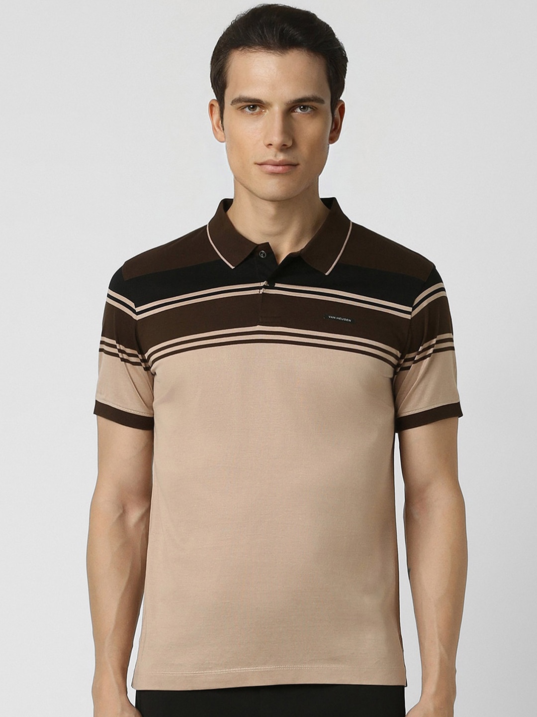 

Van Heusen Flex Men Colourblocked Polo Collar Pockets T-shirt, Brown