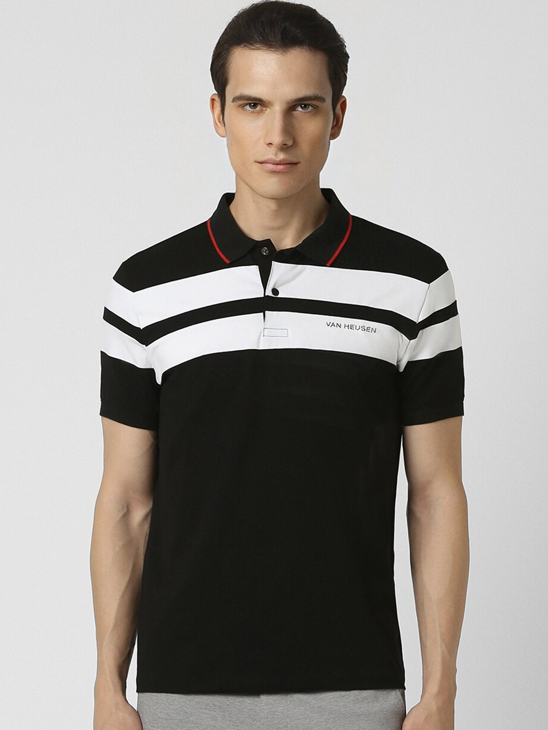 

Van Heusen Flex Men Striped Polo Collar T-shirt, Black