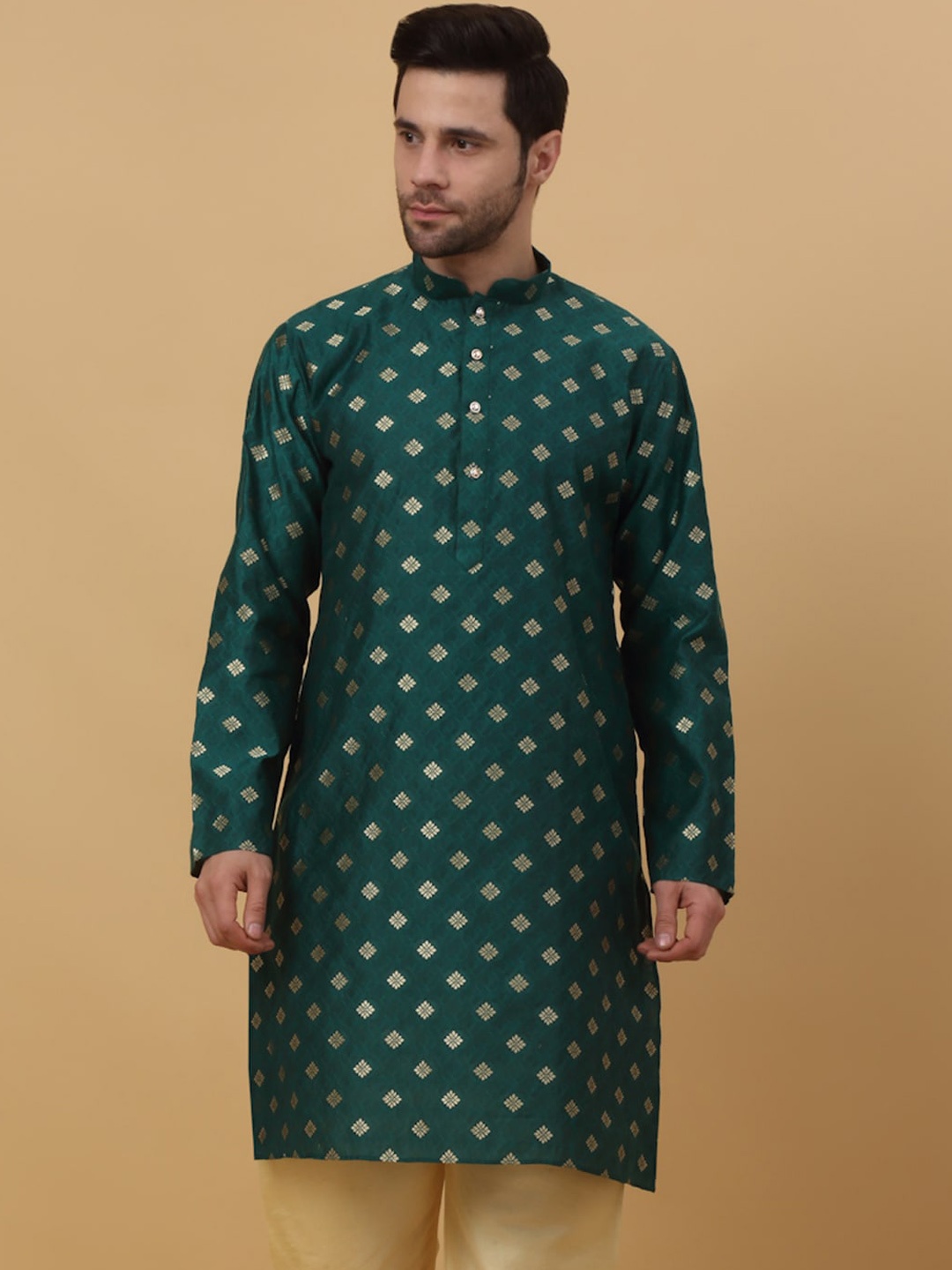 

KRAFT INDIA Ethnic Motifs Woven Design Mandarin Collar Jacquard Kurta, Green