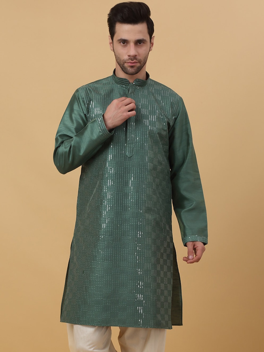 

KRAFT INDIA Embellished Mandarin Collar Cotton & Silk Kurta, Green