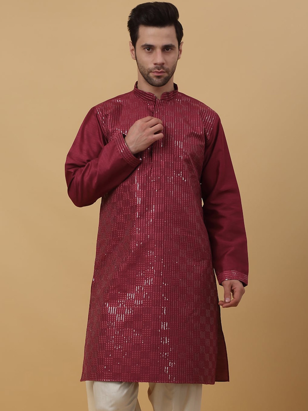 

KRAFT INDIA Men Thread Work Kurta, Burgundy