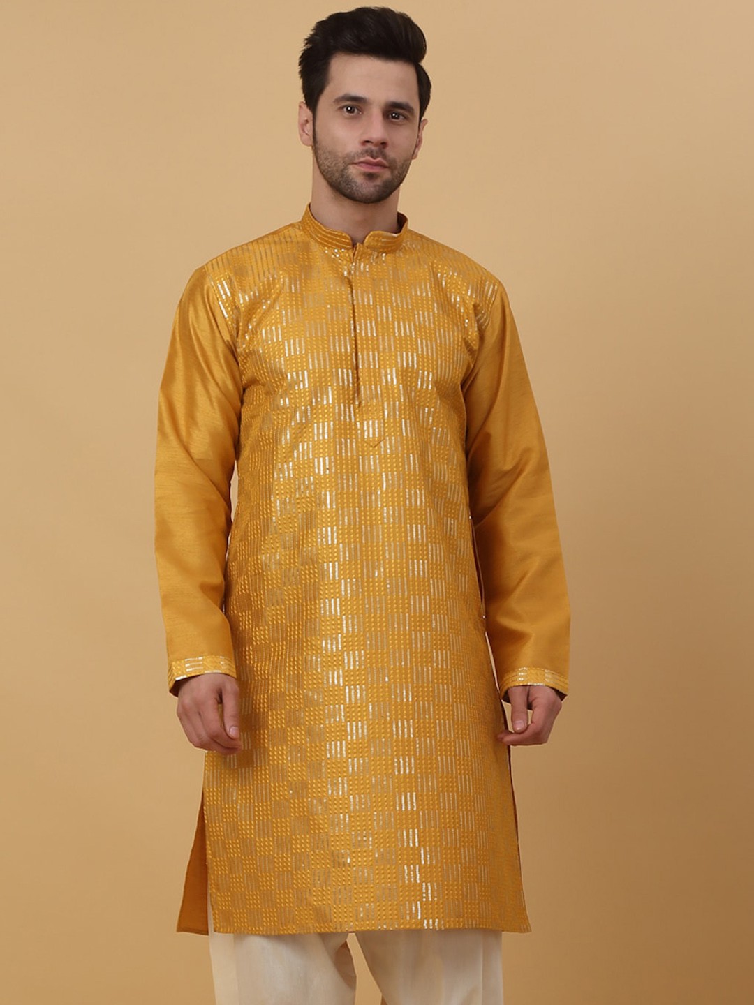 

KRAFT INDIA Men Thread Work Kurta, Yellow
