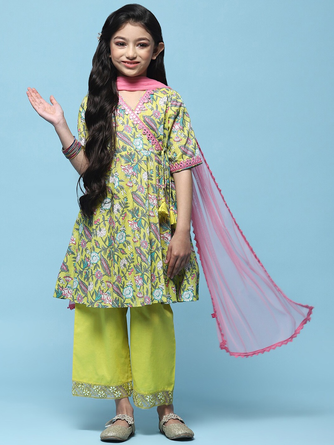 

Biba Girls Floral Printed Empire Kurta with Trousers & Dupatta, Yellow