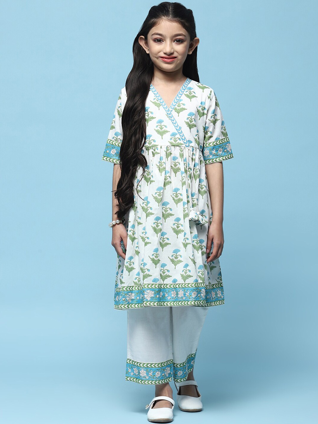 

Biba Girls Floral Printed Angrakha Pure Cotton Kurta with Trousers, White