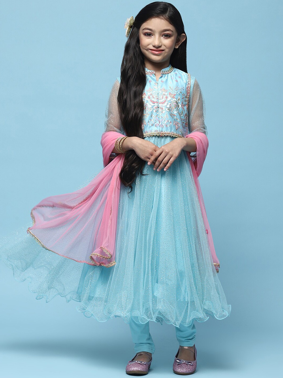 

Biba Girls Floral Embroidered Round Neck Sequinned Straight Kurta with Churidar & Dupatta, Blue