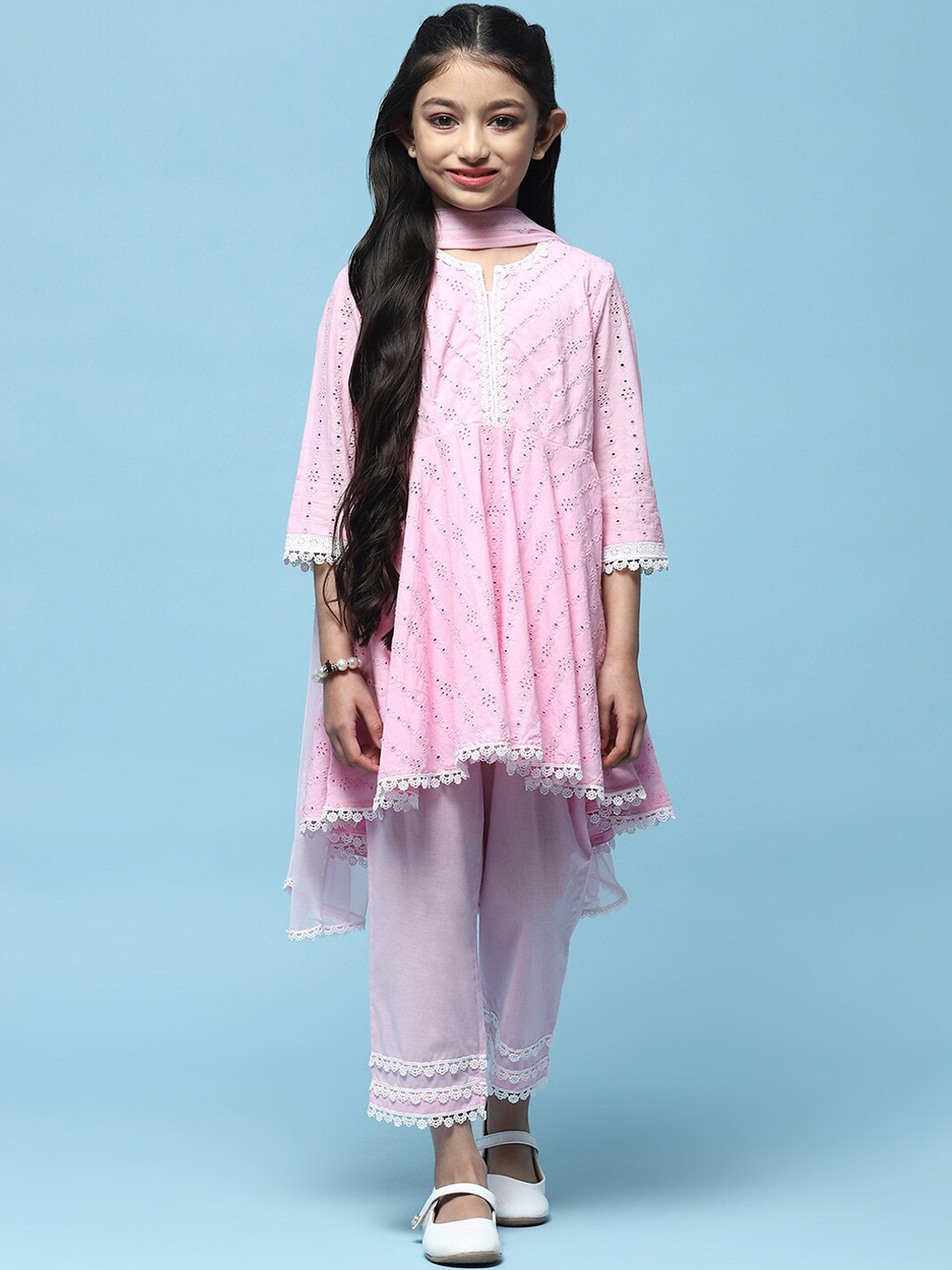 

Biba Girls Ethnic Motifs Self Design Kurta with Trousers & With Dupatta, Pink