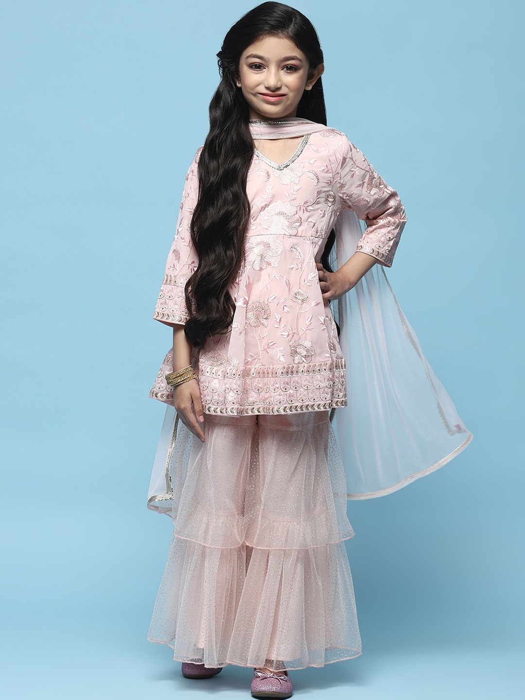 

Biba Girls Floral Embroidered V-Neck Thread Work Kurta with Sharara & With Dupatta, Pink