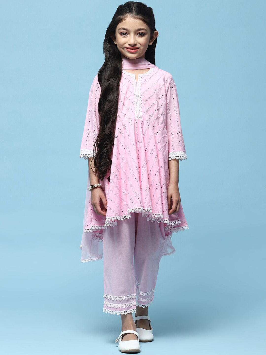 

Biba Girls Floral Embroidered Pleated Kurta with Palazzos & Dupatta, Pink