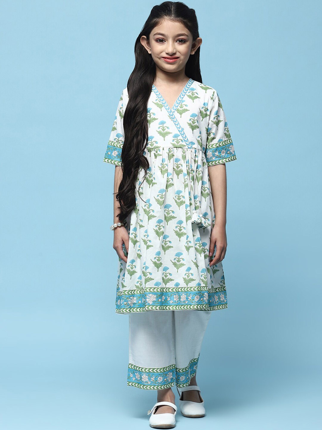 

Biba Girls Floral Printed V-Neck Angrakha Pure Cotton Kurta with Trousers, White