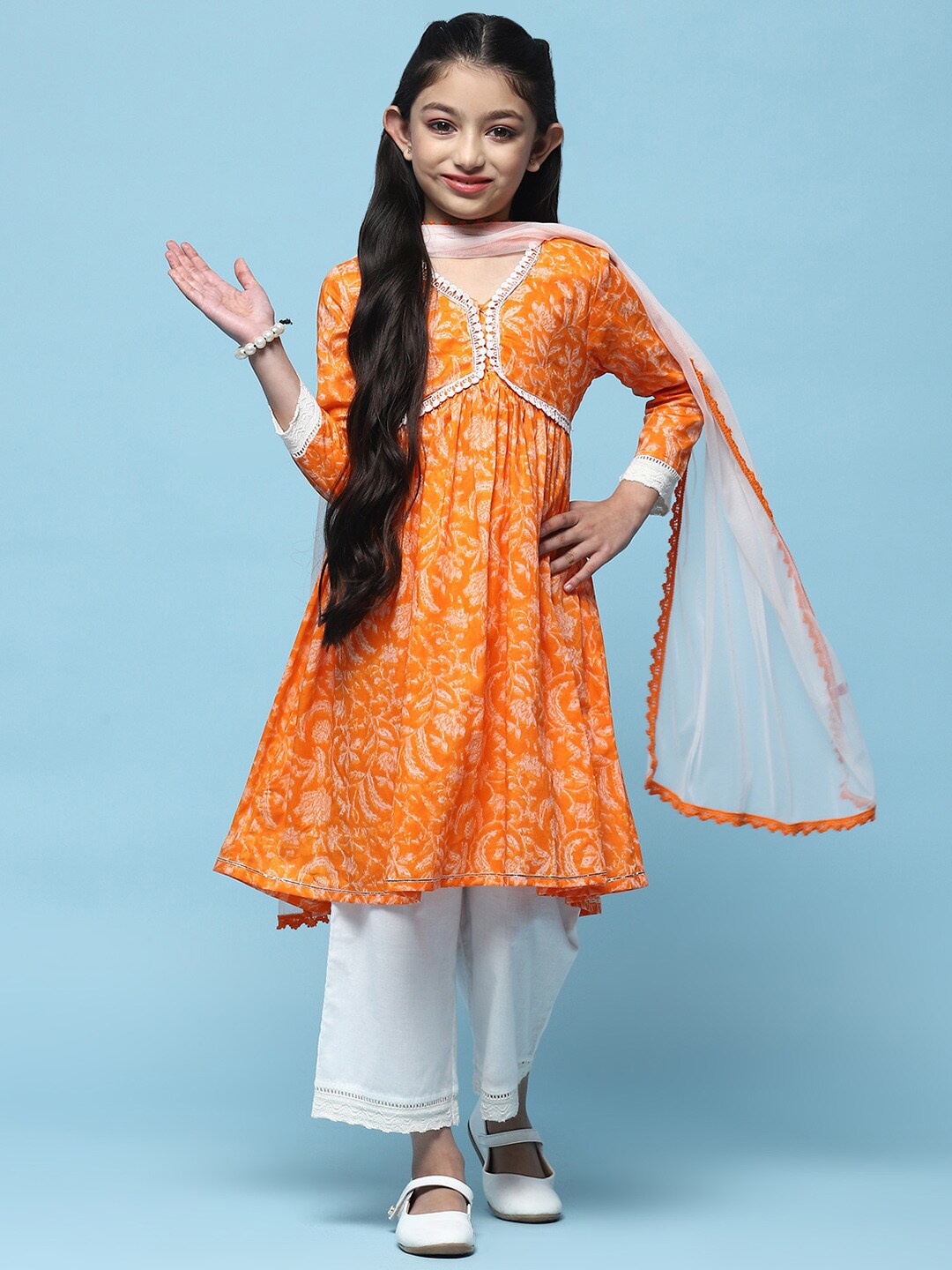 

Biba Girls Floral Printed Empire Thread Work Kurta with Palazzos & With Dupatta, Orange