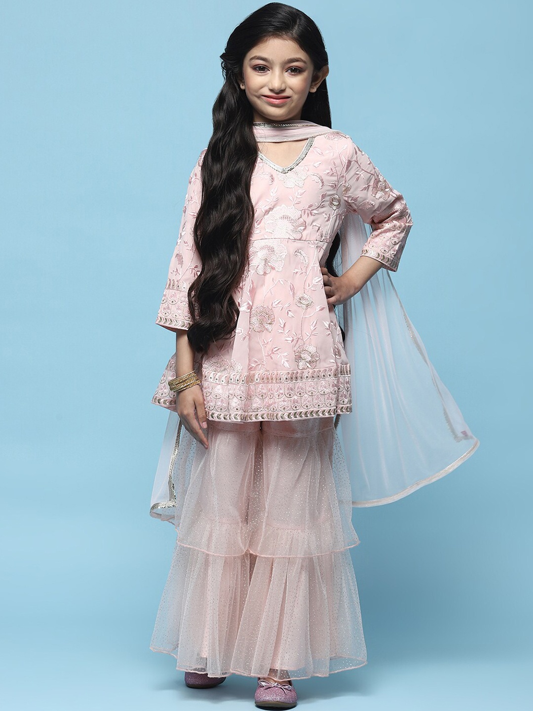 

Biba Girls Floral Embroidered Thread Work Kurta with Sharara & With Dupatta, Pink