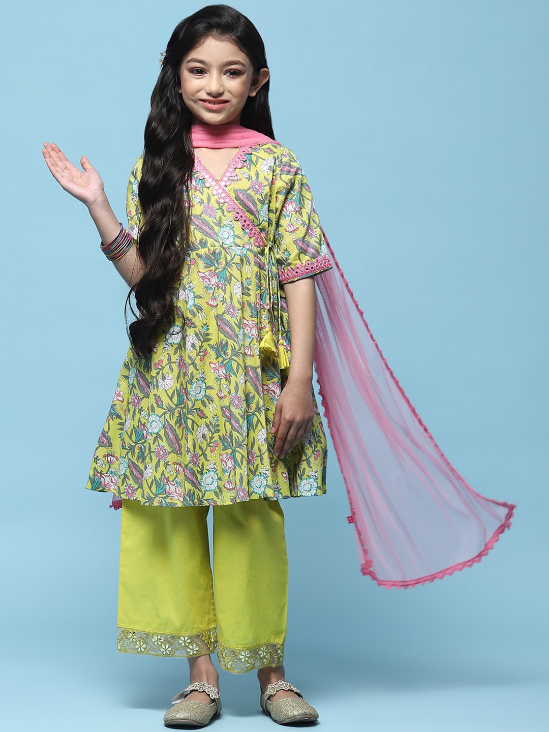 

Biba Girls Floral Printed Angrakha Kurta with Palazzos & Dupatta, Yellow