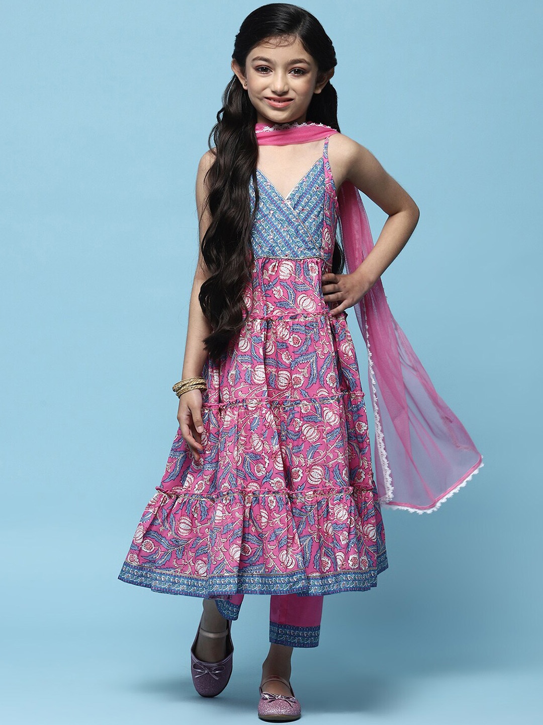 

Biba Girls Floral Printed Shoulder Straps Angrakha Kurta with Palazzos & With Dupatta, Pink