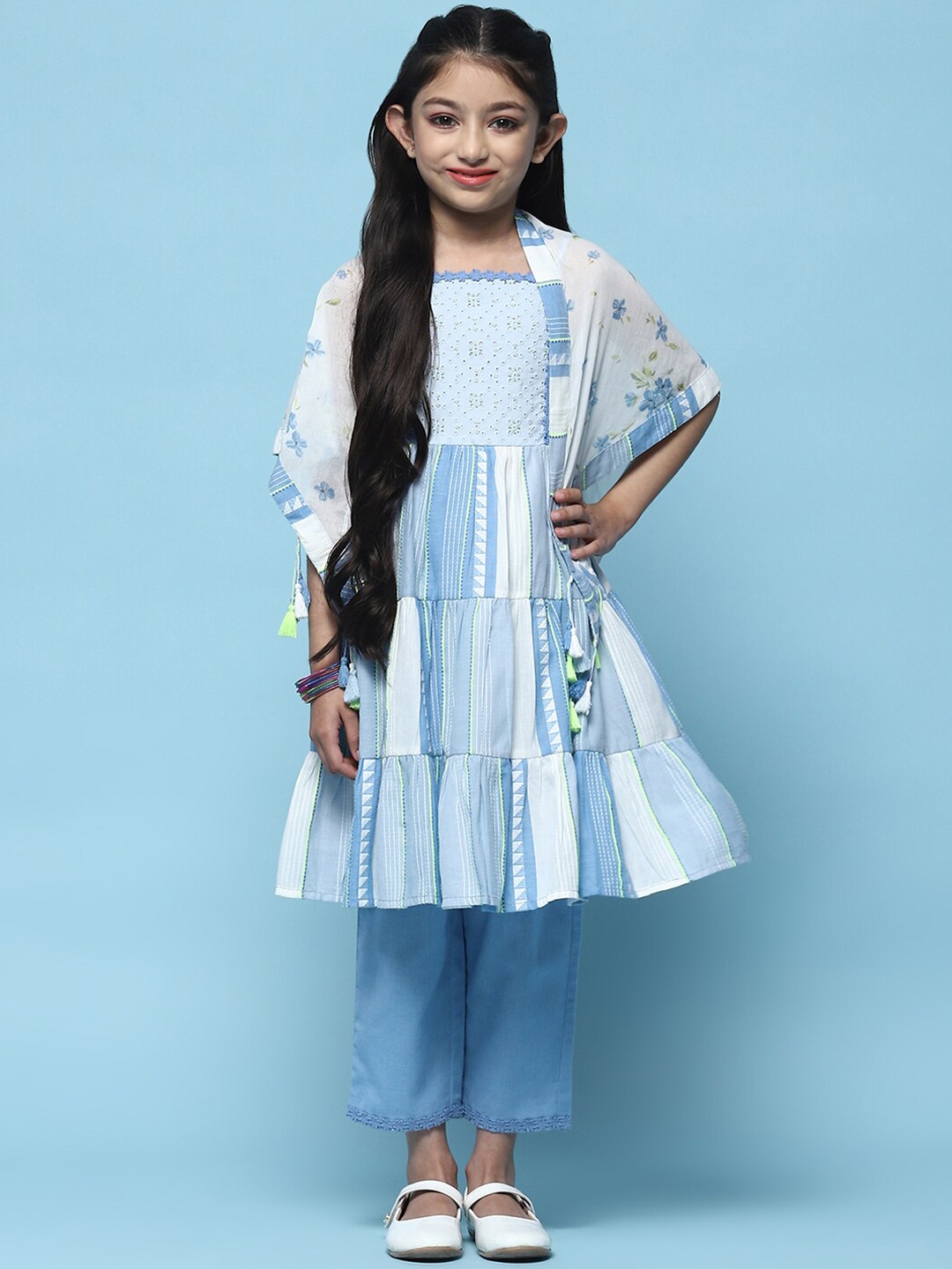 

Biba Girls Geometric Printed Layered Thread Work Pure Cotton Kurta with Trousers & Dupatta, Blue