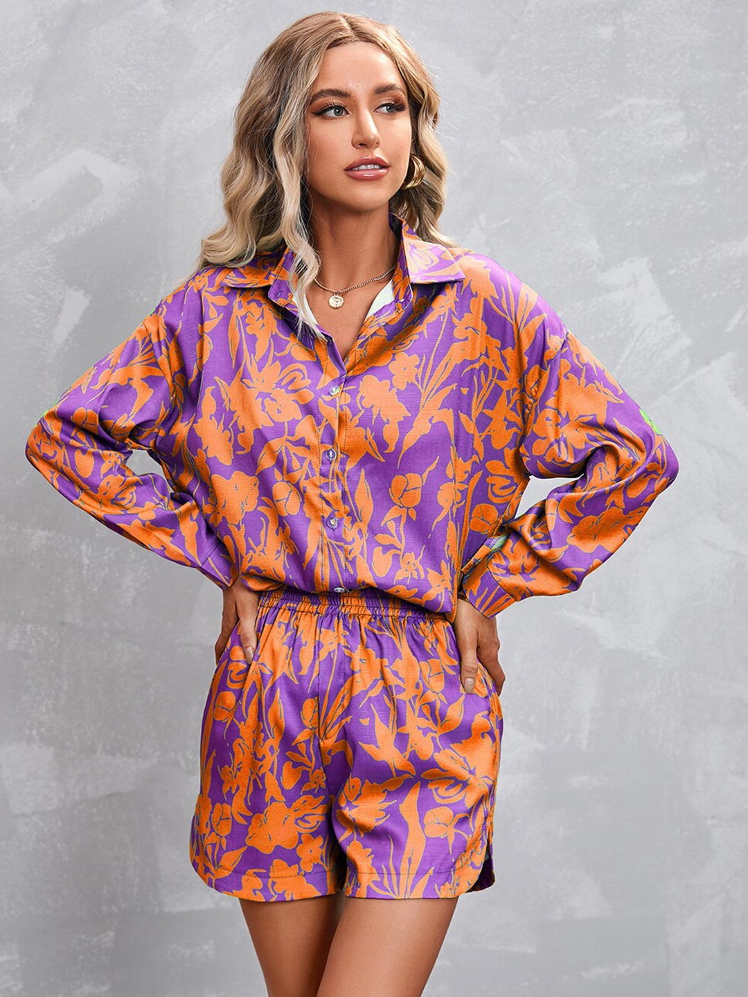 

StyleCast Purple Printed Pure Cotton Shirt With Shorts