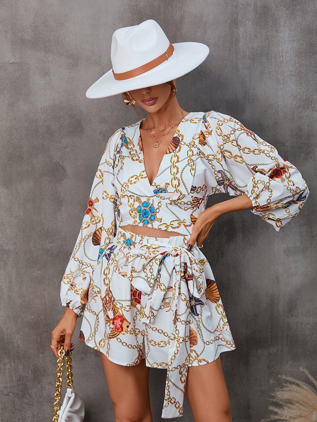

StyleCast White Conversational Printed Cut-Outs V-Neck Playsuit