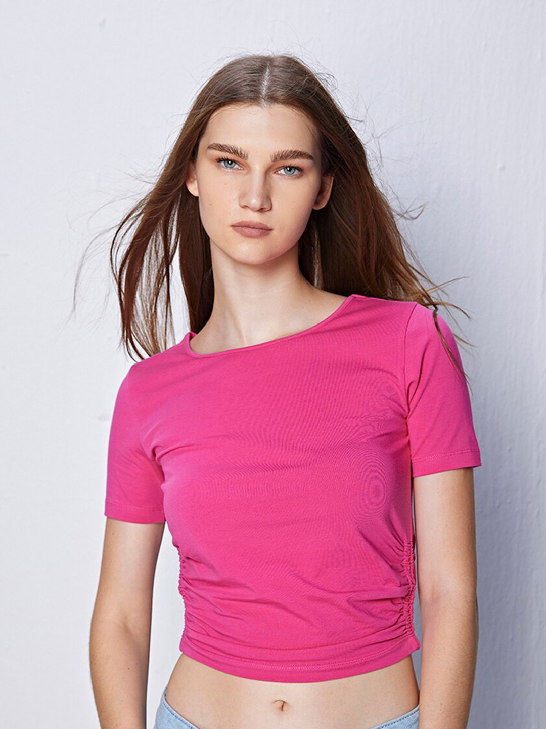 

COVER STORY Women V-Neck Extended Sleeves Pockets Slim Fit T-shirt, Pink