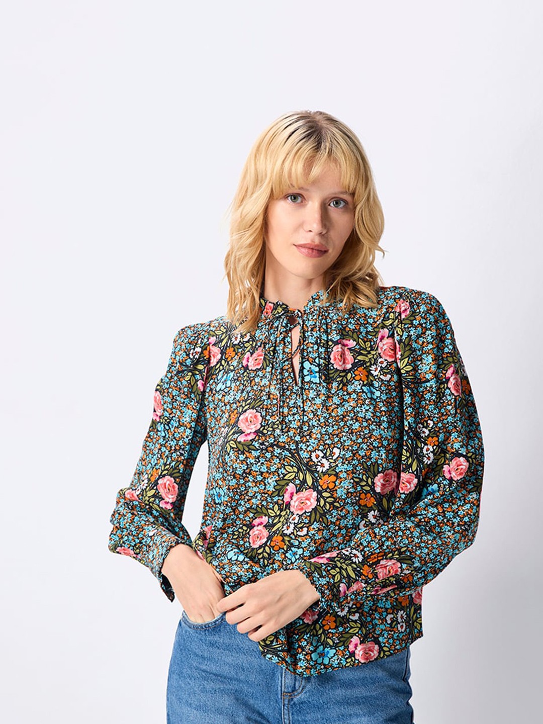 

COVER STORY Floral Print Tie-Up Neck Crepe Shirt Style Top, Black
