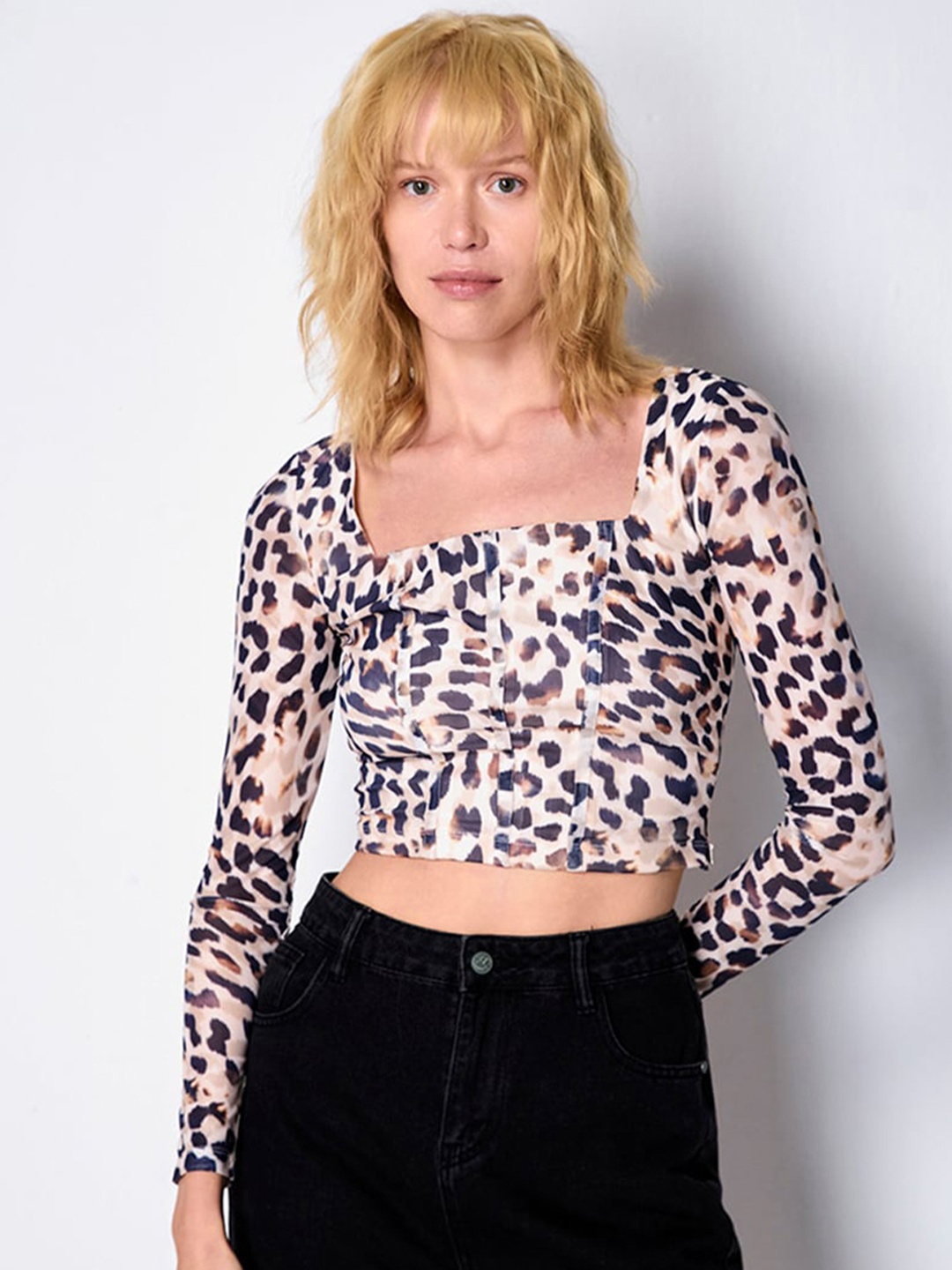 

COVER STORY Animal Print Sweetheart Neck Net Crop Top, Beige