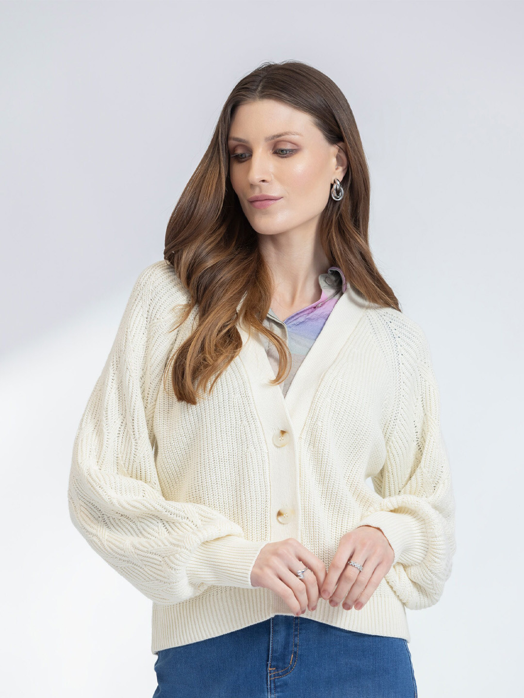 

B.Copenhagen Ribbed Pure Cotton V-Neck Cardigan Sweater, Cream