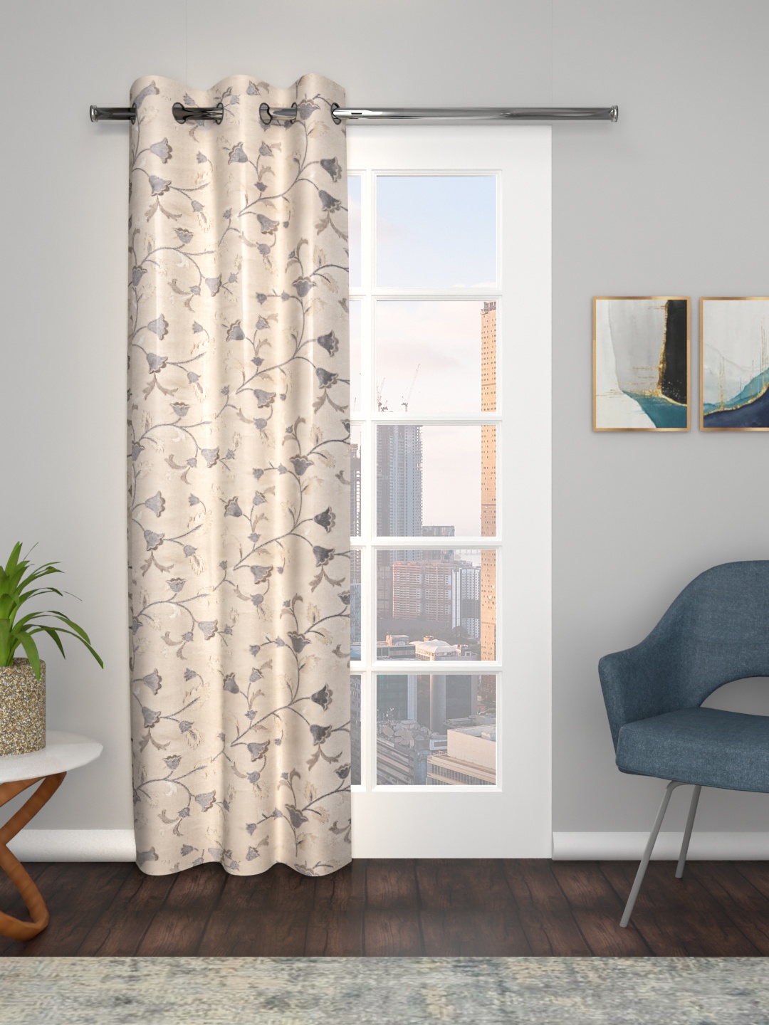 THE CONVERSION Grey Floral Room Darkening Door Curtain