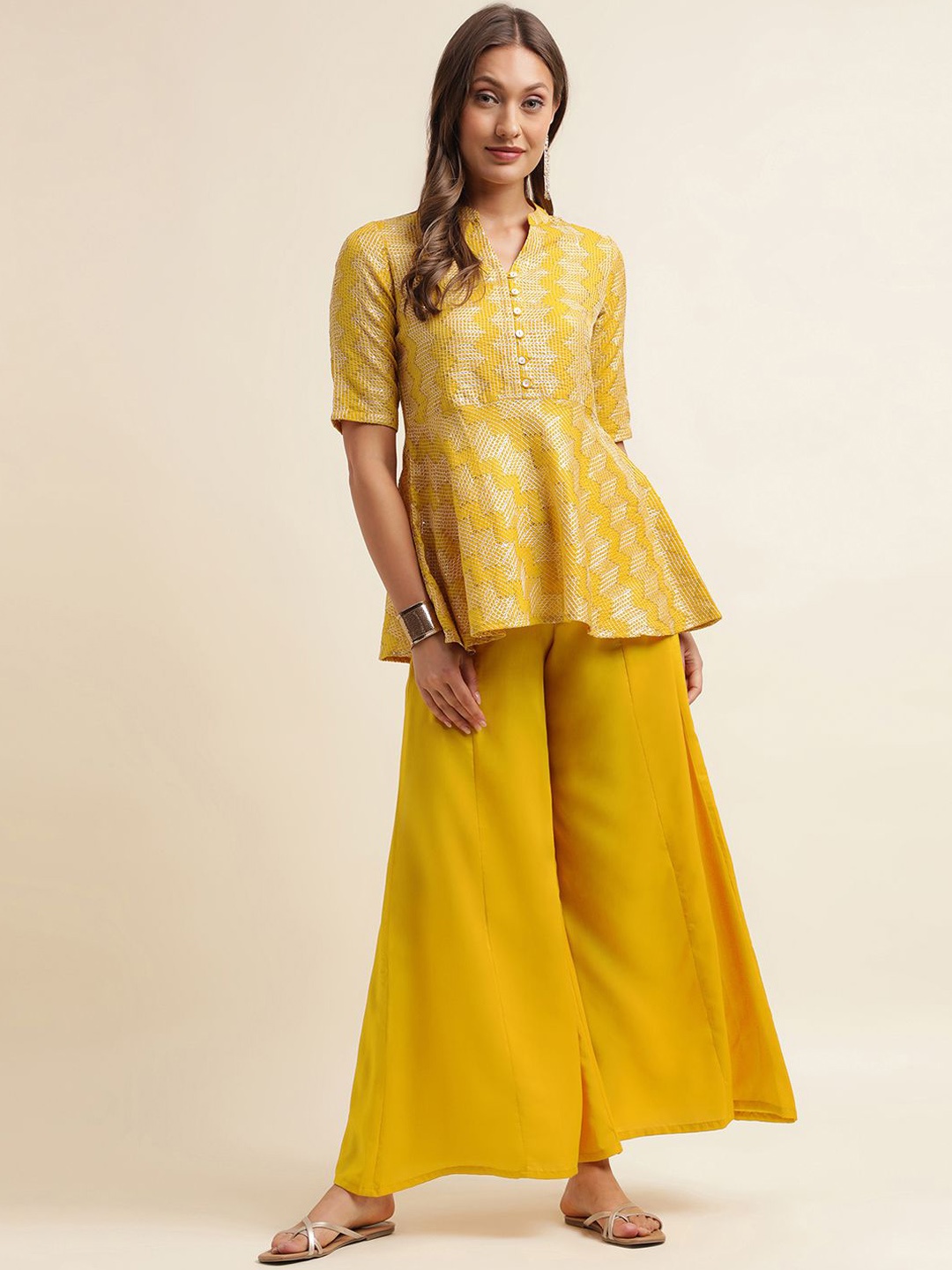 

SKYLEE Yellow Geometric Embroidered Band Collar Thread Work A-Line Kurti with Palazzo