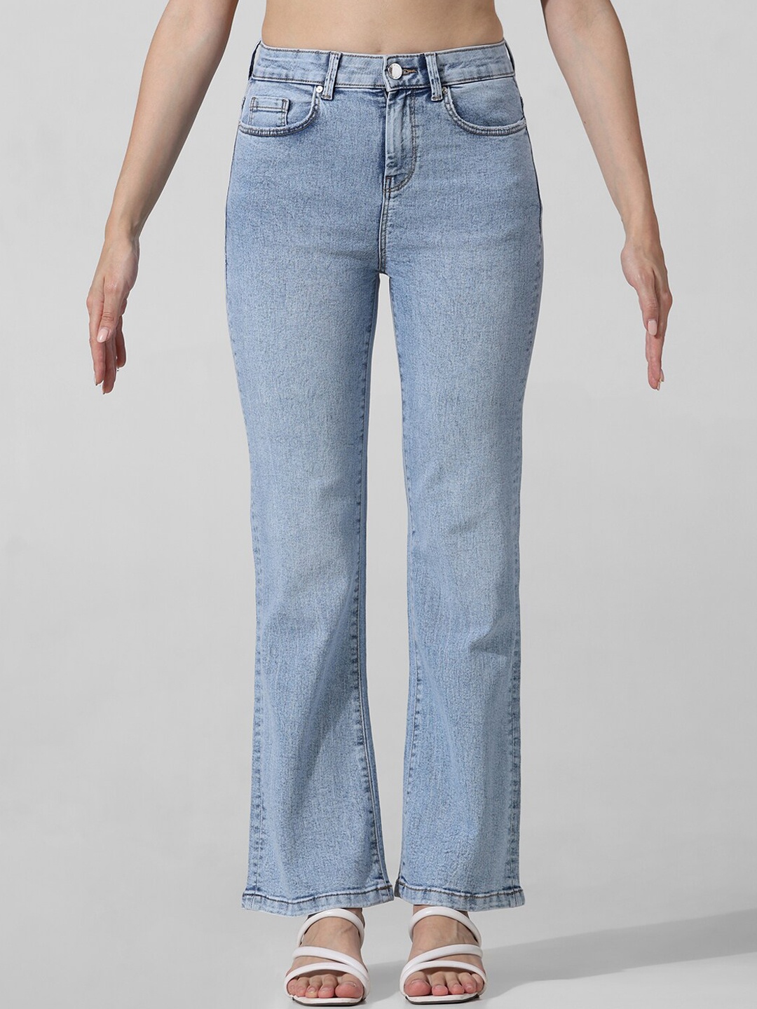 

ONLY Women Flared High-Rise Slash Knee Heavy Fade Stretchable Jeans, Blue