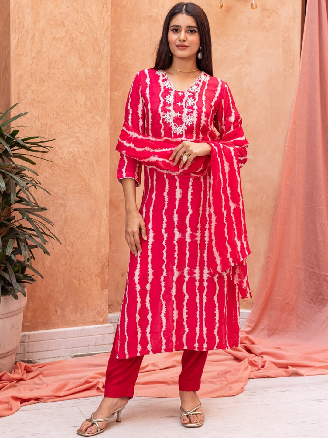 

Ambraee Striped Dyed Round Neck Thread Work Straight Kurta with Trousers & Dupatta, Red