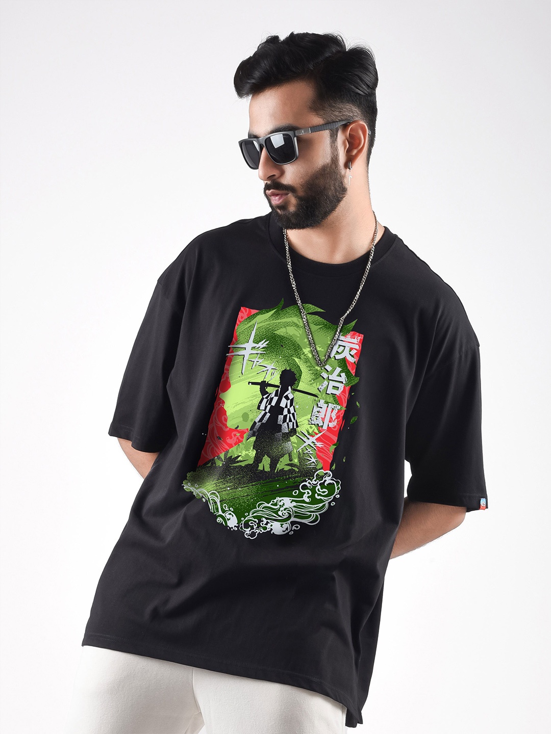 

COMICSENSE Men Anime Demon Slayer Printed Fire Breathing Cotton Oversized T-shirt, Black