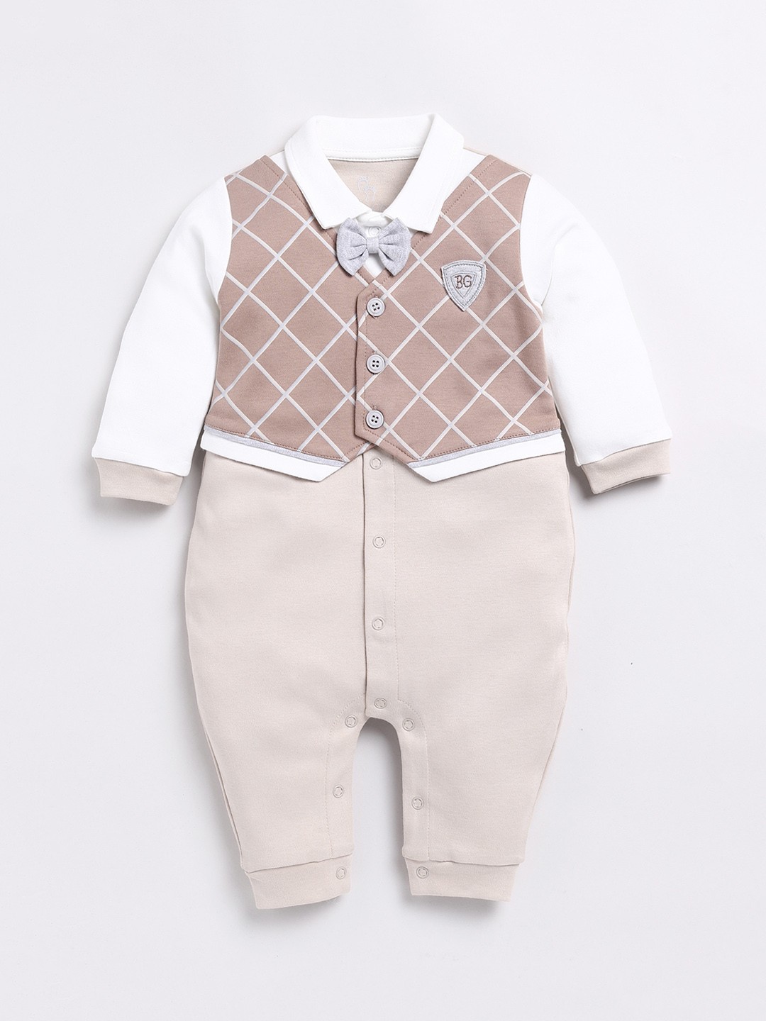 

BABY GO Infants Boys Checked Pure Cotton Rompers, Beige