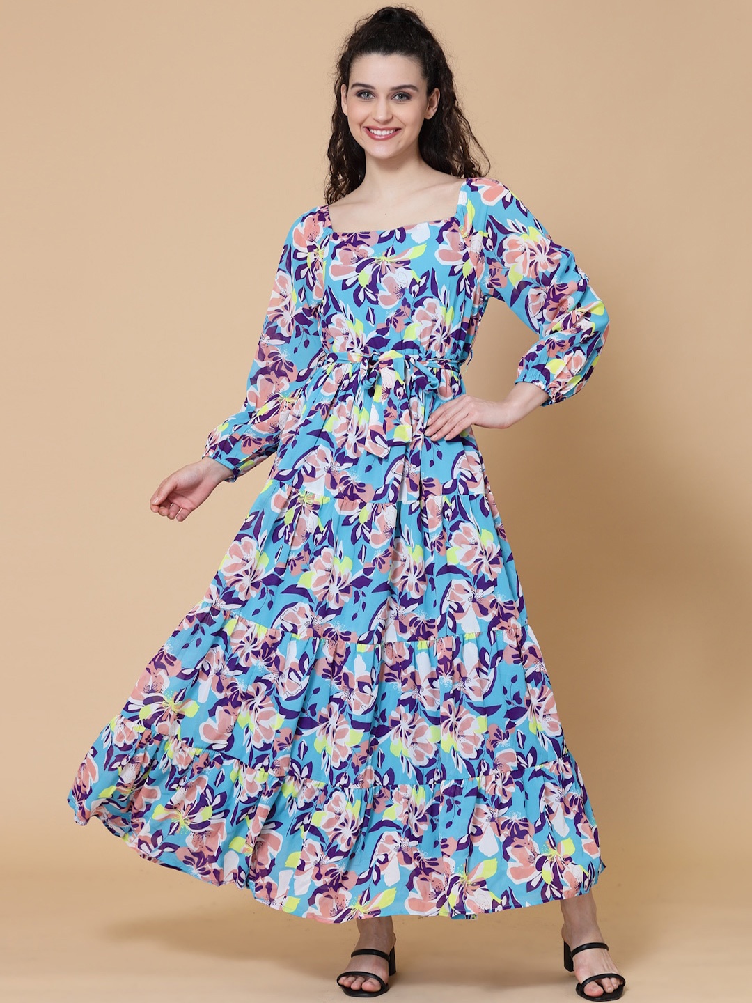 

HOUSE OF KKARMA Floral Print Puff Sleeve Georgette Fit & Flare Maxi Dress, Teal