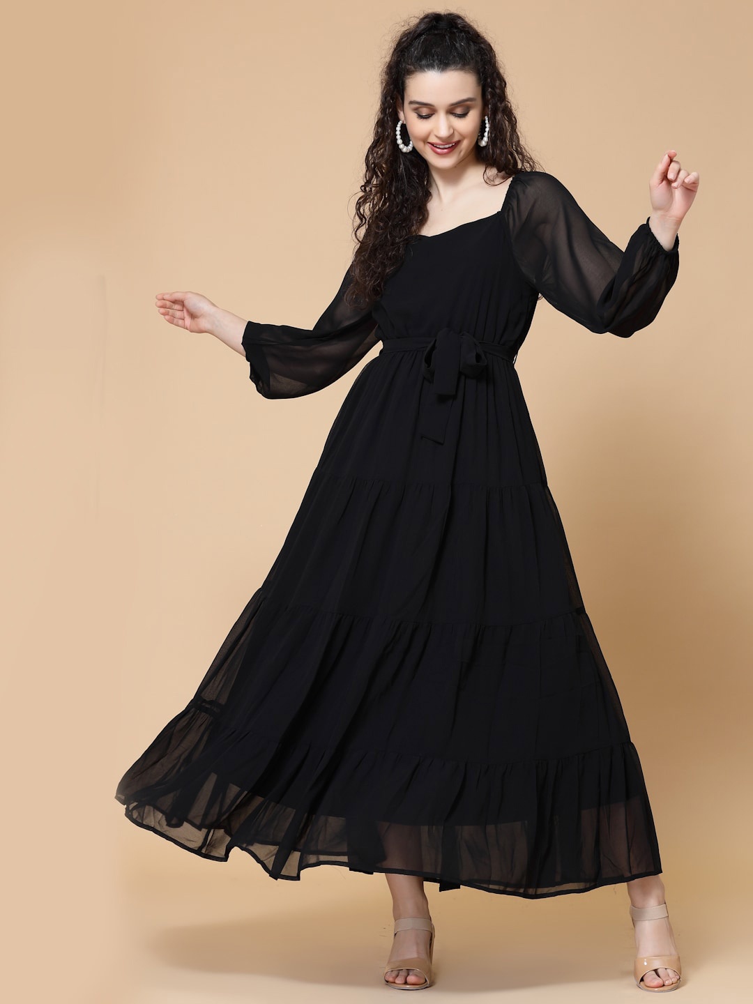 

HOUSE OF KKARMA Puff Sleeve Georgette Maxi Dress, Black