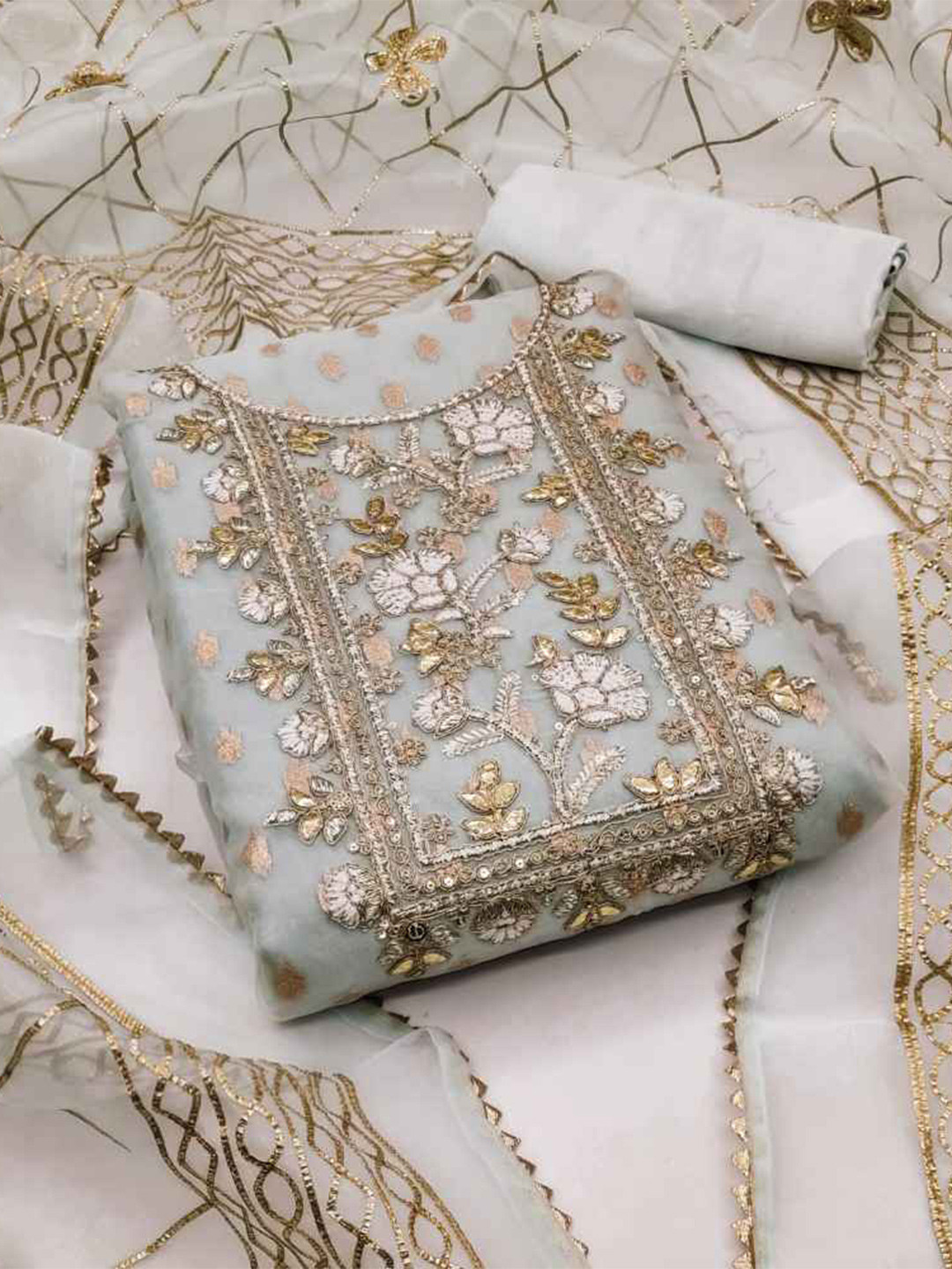 

faxofab Embroidered Organza Unstitched Dress Material, White