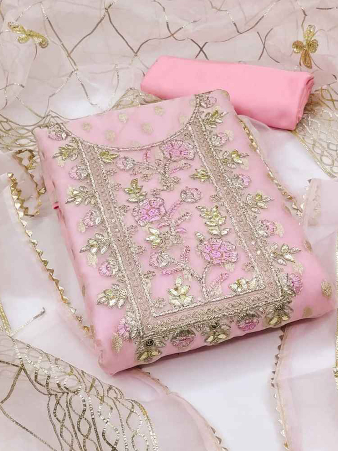

faxofab Embroidered Organza Unstitched Dress Material, Pink