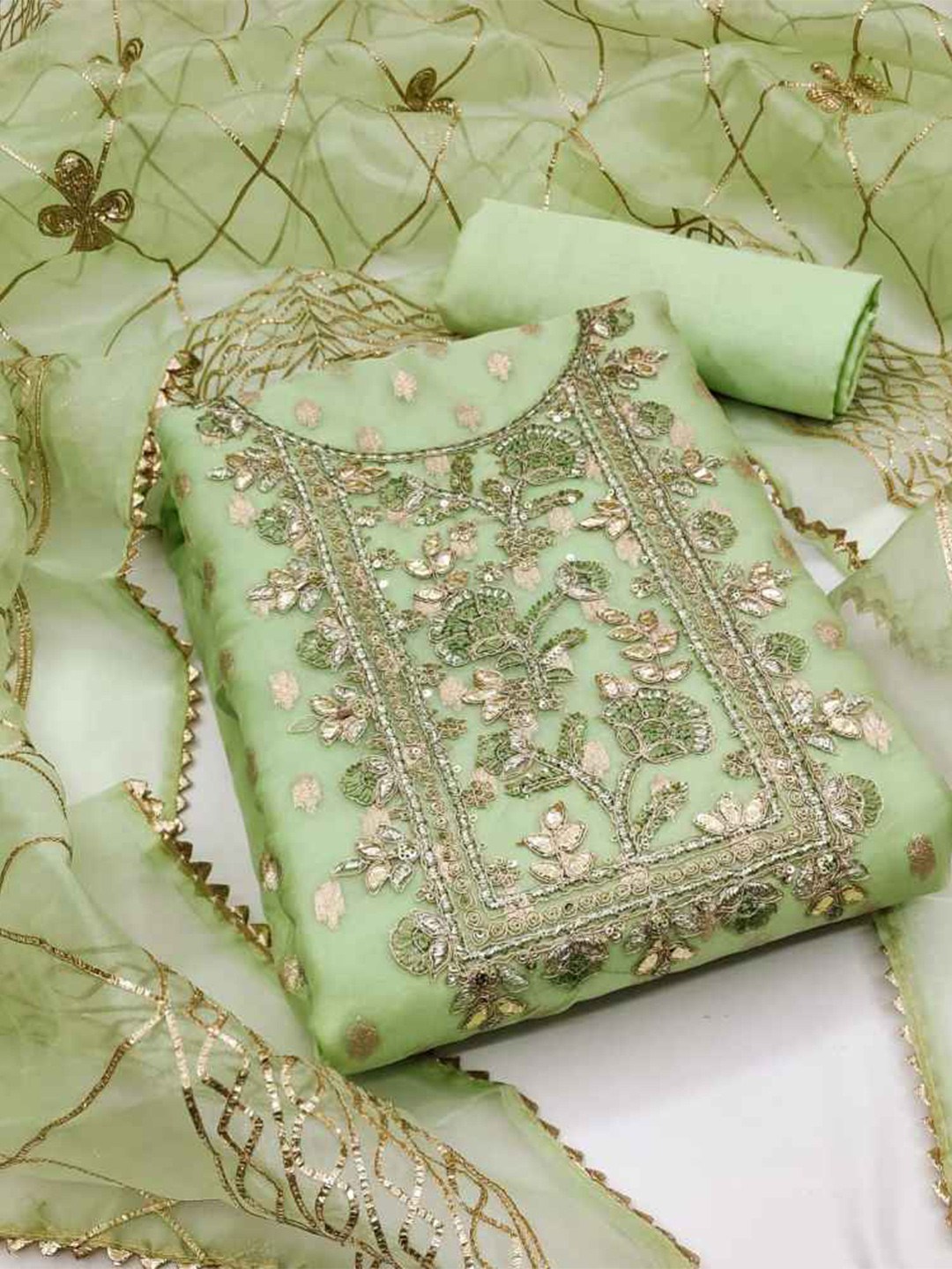 

faxofab Embroidered Organza Unstitched Dress Material, Sea green