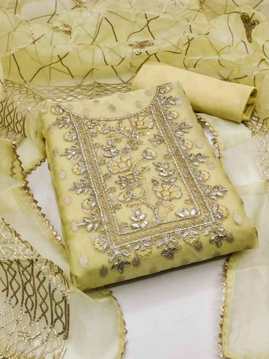 

faxofab Embroidered Organza Unstitched Dress Material, Yellow