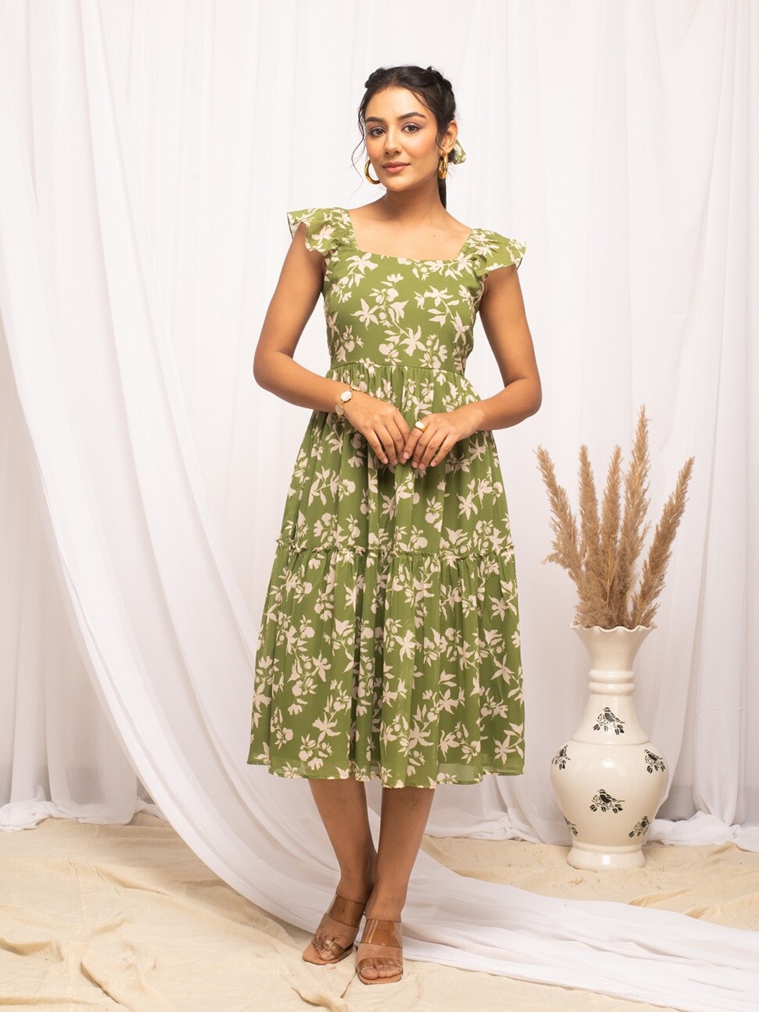 

FIORRA Floral Print Georgette Fit & Flare Midi Dress, Green