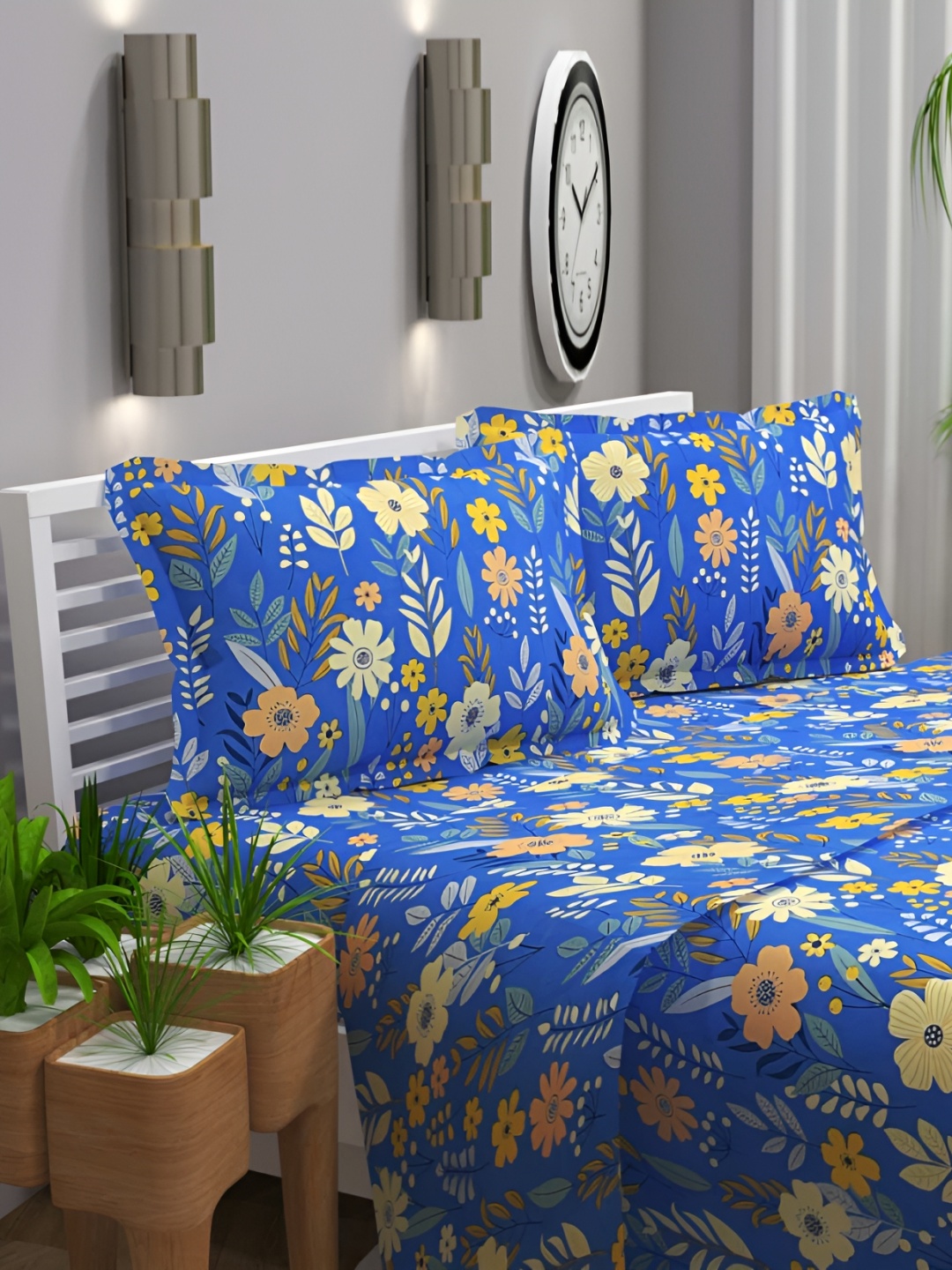 

bsb home Blue & Yellow 180 TC King Bedsheet with 2 Pillow Covers