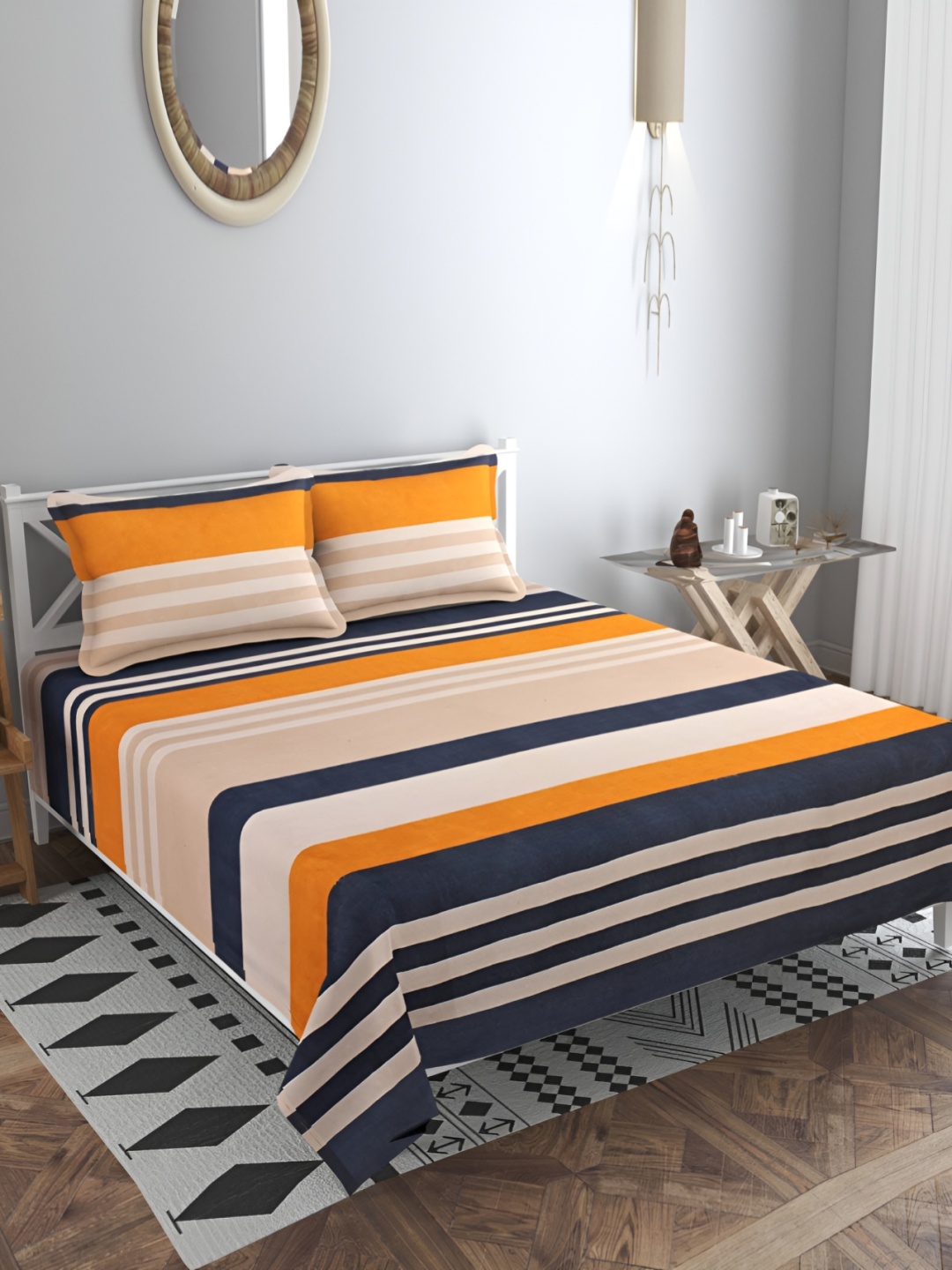 

bsb home Orange & Navy Blue 180 TC King Bedsheet with 2 Pillow Covers